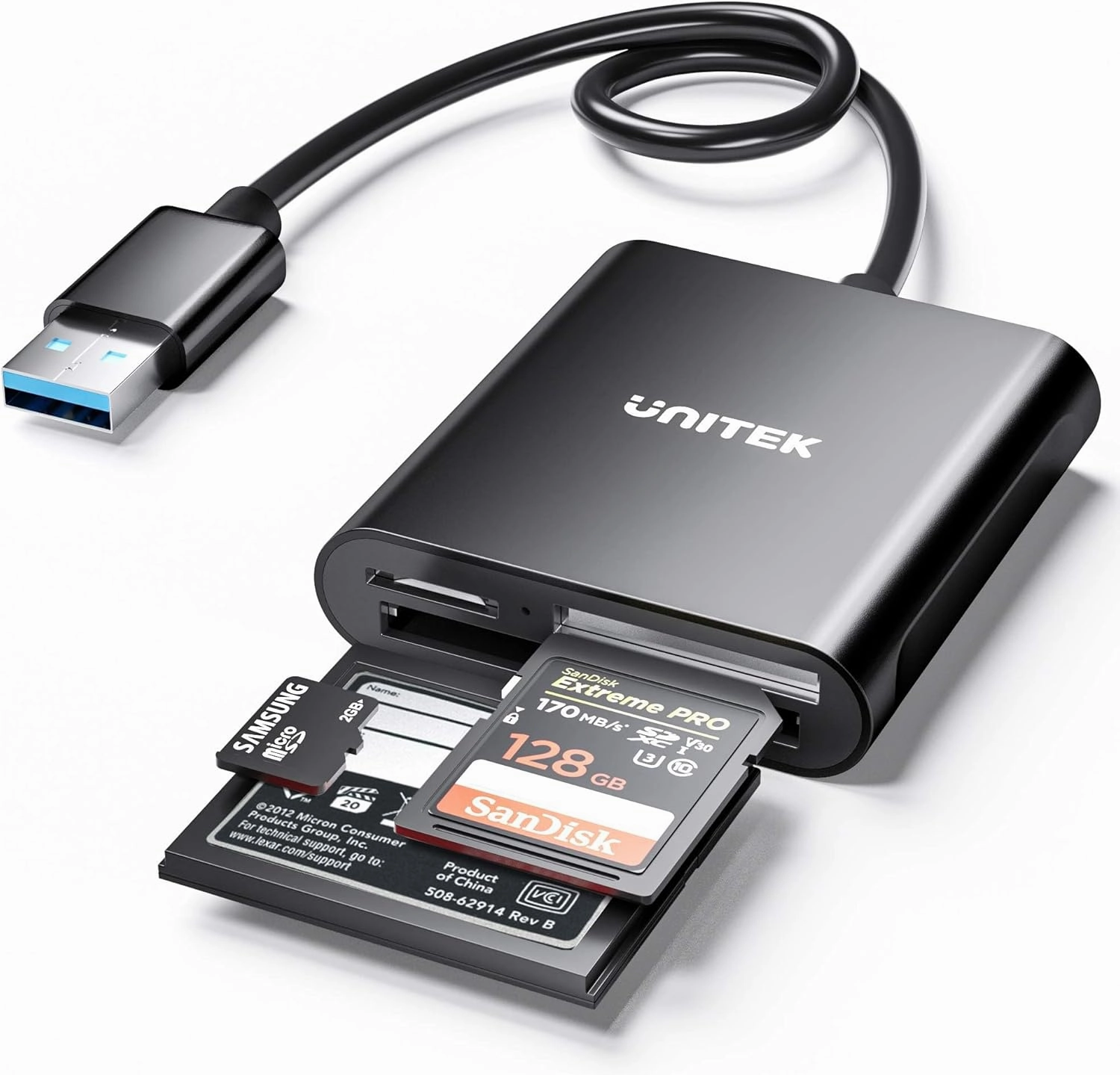 USB Card Reader, UNITEK 3-Slot USB 3.0 Compact Card Reader, Read 3 Cards Simultaneously, Aluminum SD Micro SD CF Card Adapter