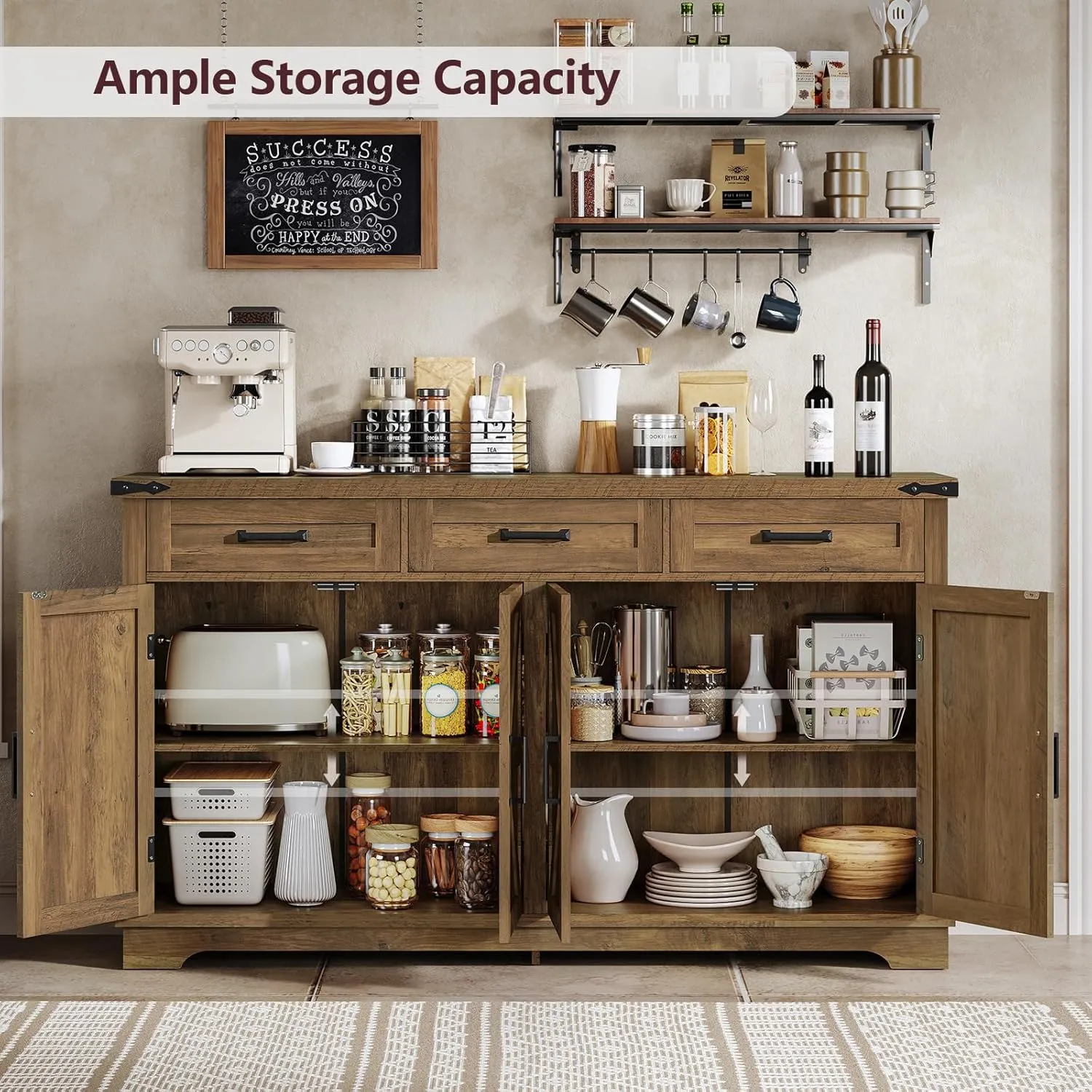 usikey 55” Sideboards Buffet Cabinet with Storage, Kitchen Cabinet with 3 Drawers, Farmhouse Credenza Storage Cabinets with 2 Adjustable Shelves, Coffee Bar for Dinging Room, Honey Brown