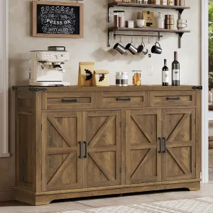 usikey 55” Sideboards Buffet Cabinet with Storage, Kitchen Cabinet with 3 Drawers, Farmhouse Credenza Storage Cabinets with 2 Adjustable Shelves, Coffee Bar for Dinging Room, Honey Brown