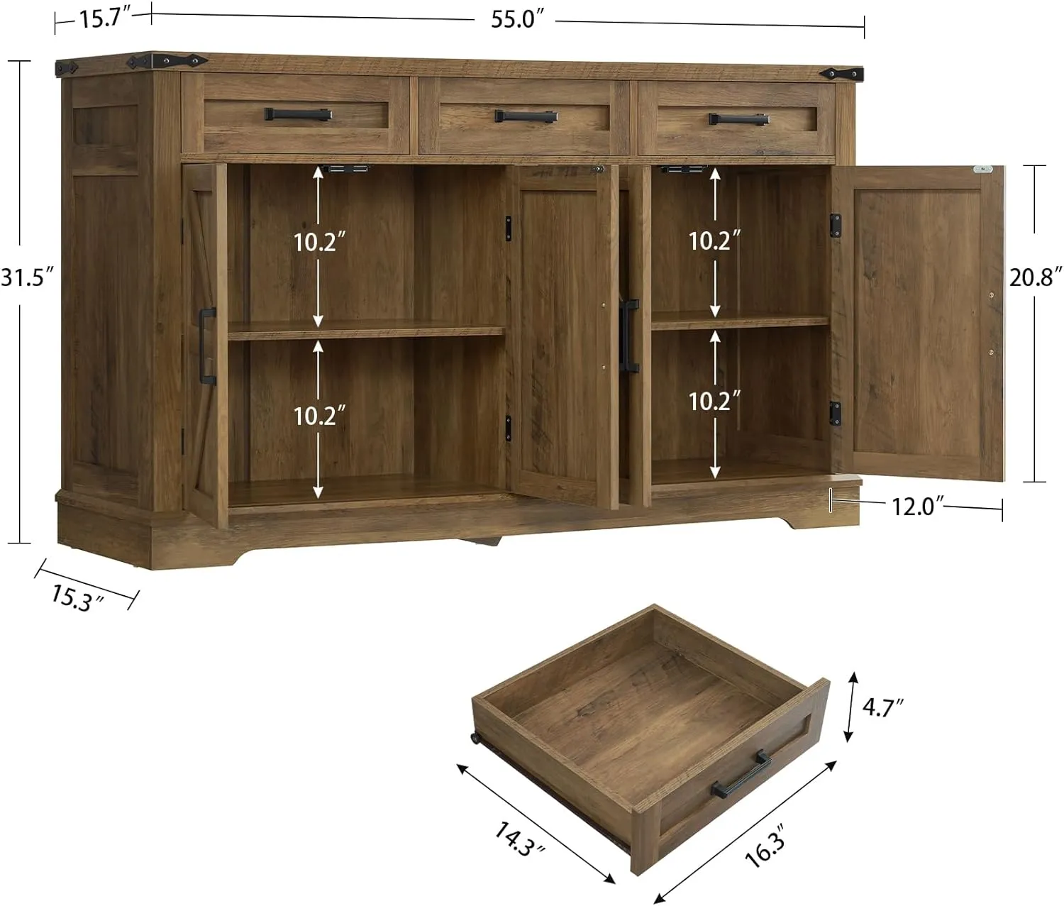 usikey 55” Sideboards Buffet Cabinet with Storage, Kitchen Cabinet with 3 Drawers, Farmhouse Credenza Storage Cabinets with 2 Adjustable Shelves, Coffee Bar for Dinging Room, Honey Brown