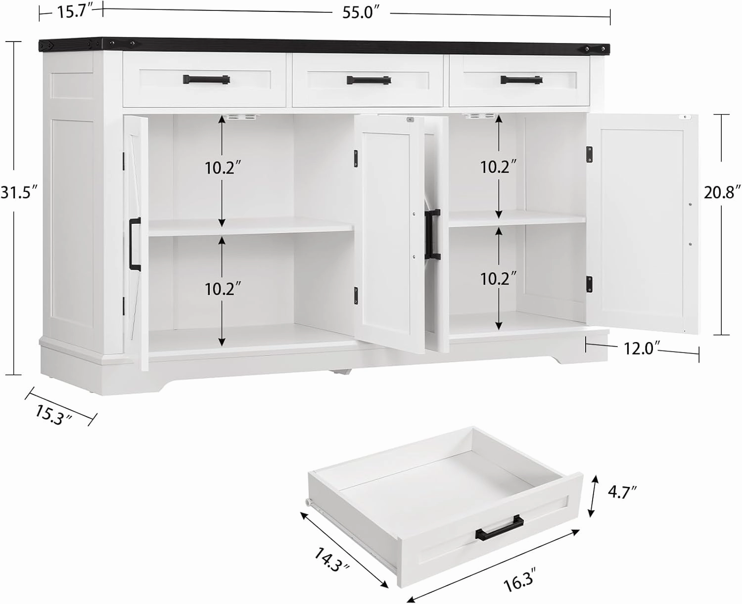 usikey 55”W Buffet Cabinet with 3 Large Drawers & 2 Adjustable Shelves, Modern Farmhouse Sideboard Buffet Cabinet with Storage, Credenza, Coffee Bar, White