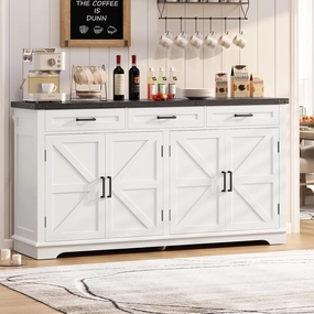 usikey 55”W Buffet Cabinet with 3 Large Drawers & 2 Adjustable Shelves, Modern Farmhouse Sideboard Buffet Cabinet with Storage, Credenza, Coffee Bar, White