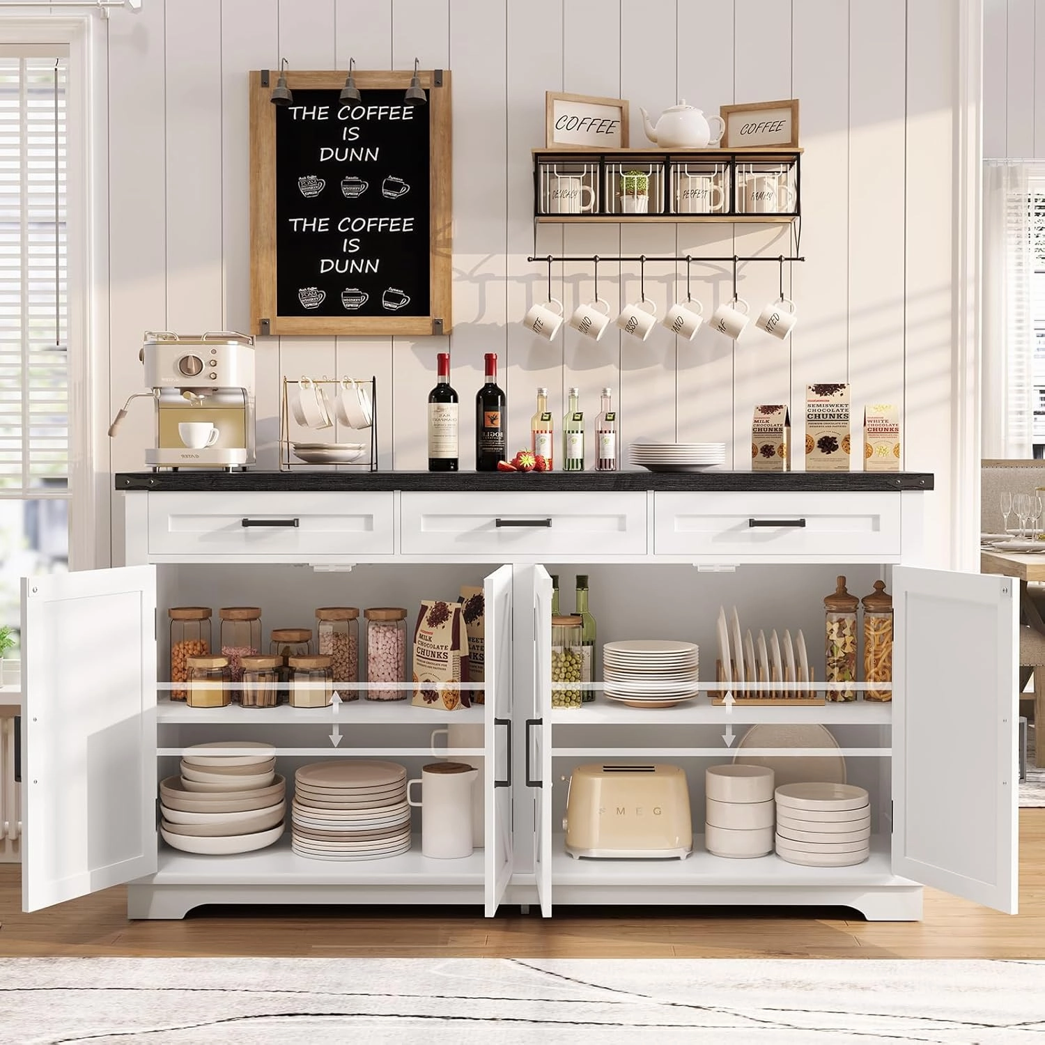 usikey 55”W Buffet Cabinet with 3 Large Drawers & 2 Adjustable Shelves, Modern Farmhouse Sideboard Buffet Cabinet with Storage, Credenza, Coffee Bar, White