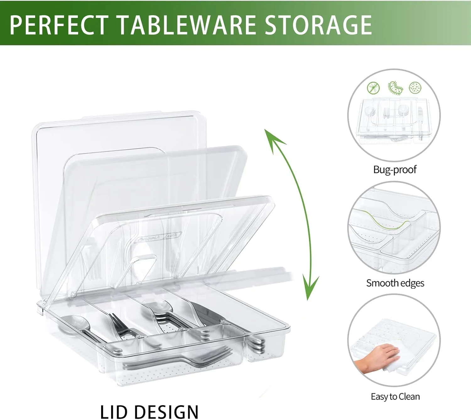 Utensil Holder for Countertop with Lid, Plastic Silverware Tray for Drawer, 5 Compartments Flatware Organizer,Transparent