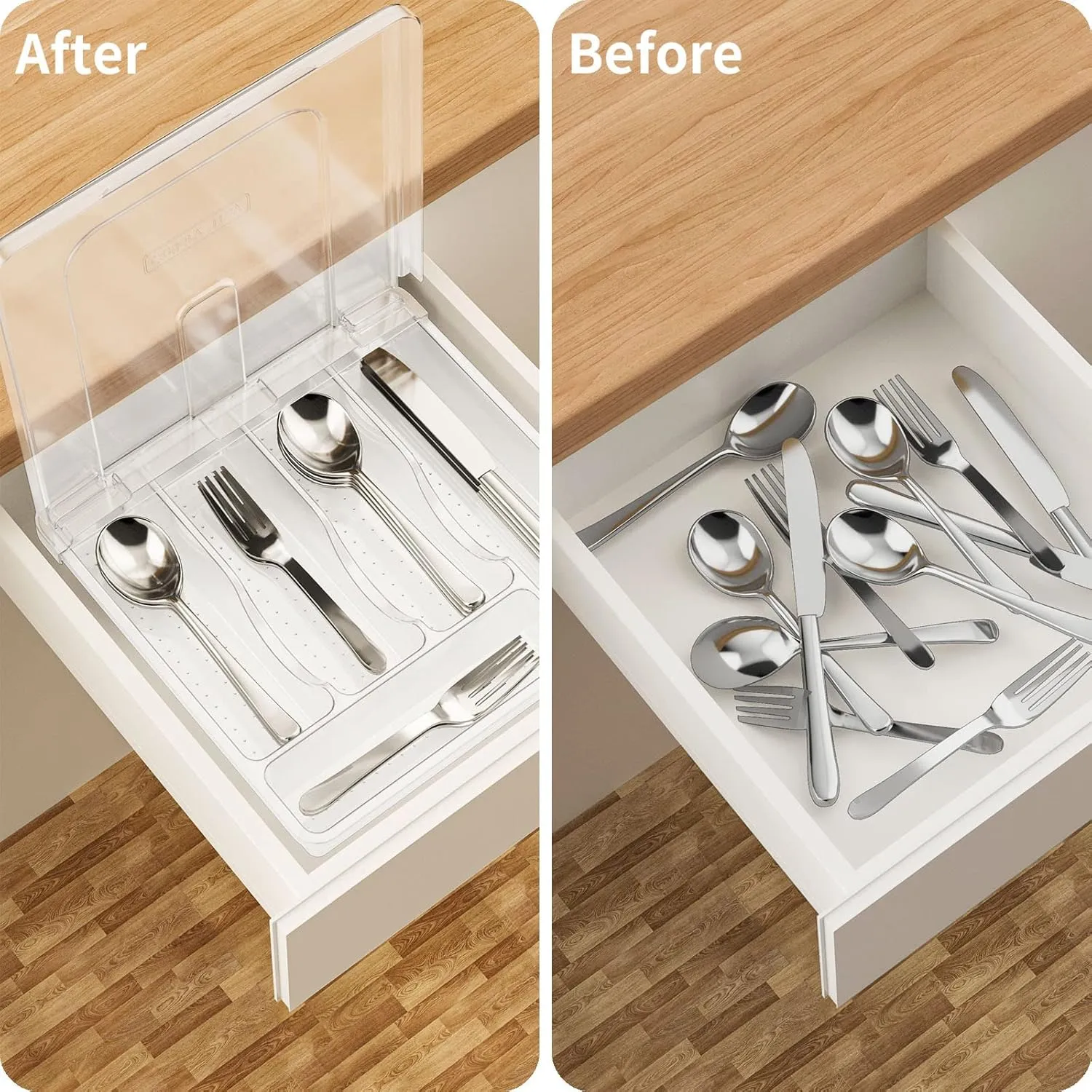 Utensil Holder for Countertop with Lid, Plastic Silverware Tray for Drawer, 5 Compartments Flatware Organizer,Transparent