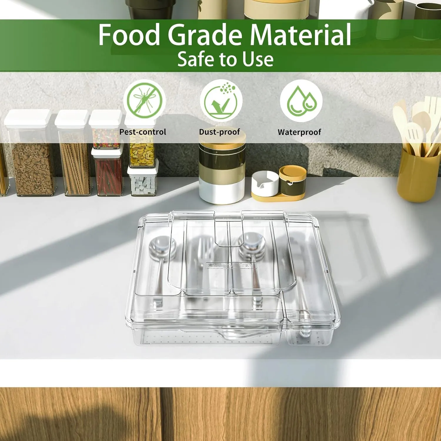 Utensil Holder for Countertop with Lid, Plastic Silverware Tray for Drawer, 5 Compartments Flatware Organizer,Transparent