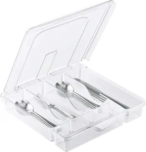 Utensil Holder for Countertop with Lid, Plastic Silverware Tray for Drawer, 5 Compartments Flatware Organizer,Transparent