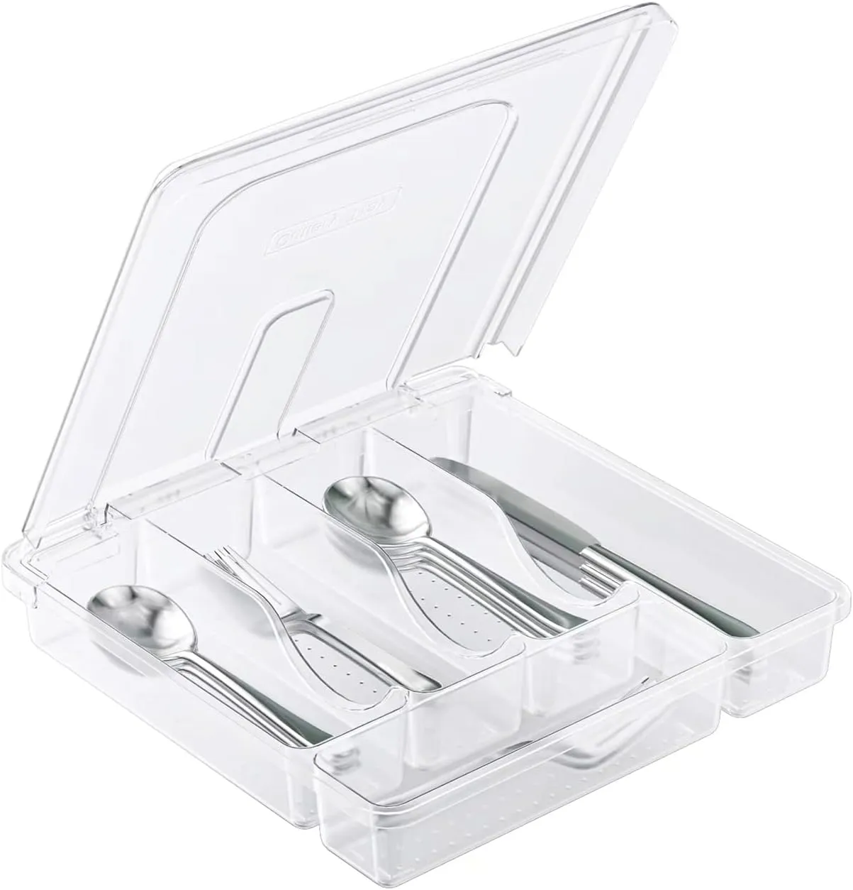 Utensil Holder for Countertop with Lid, Plastic Silverware Tray for Drawer, 5 Compartments Flatware Organizer,Transparent