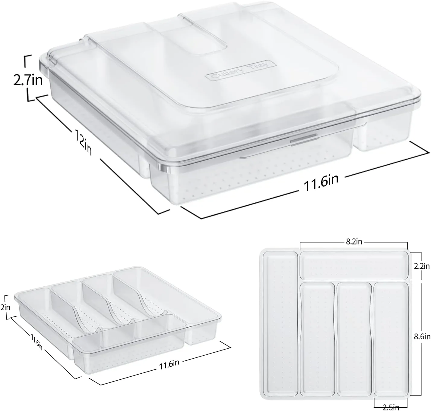Utensil Holder for Countertop with Lid, Plastic Silverware Tray for Drawer, 5 Compartments Flatware Organizer,Transparent