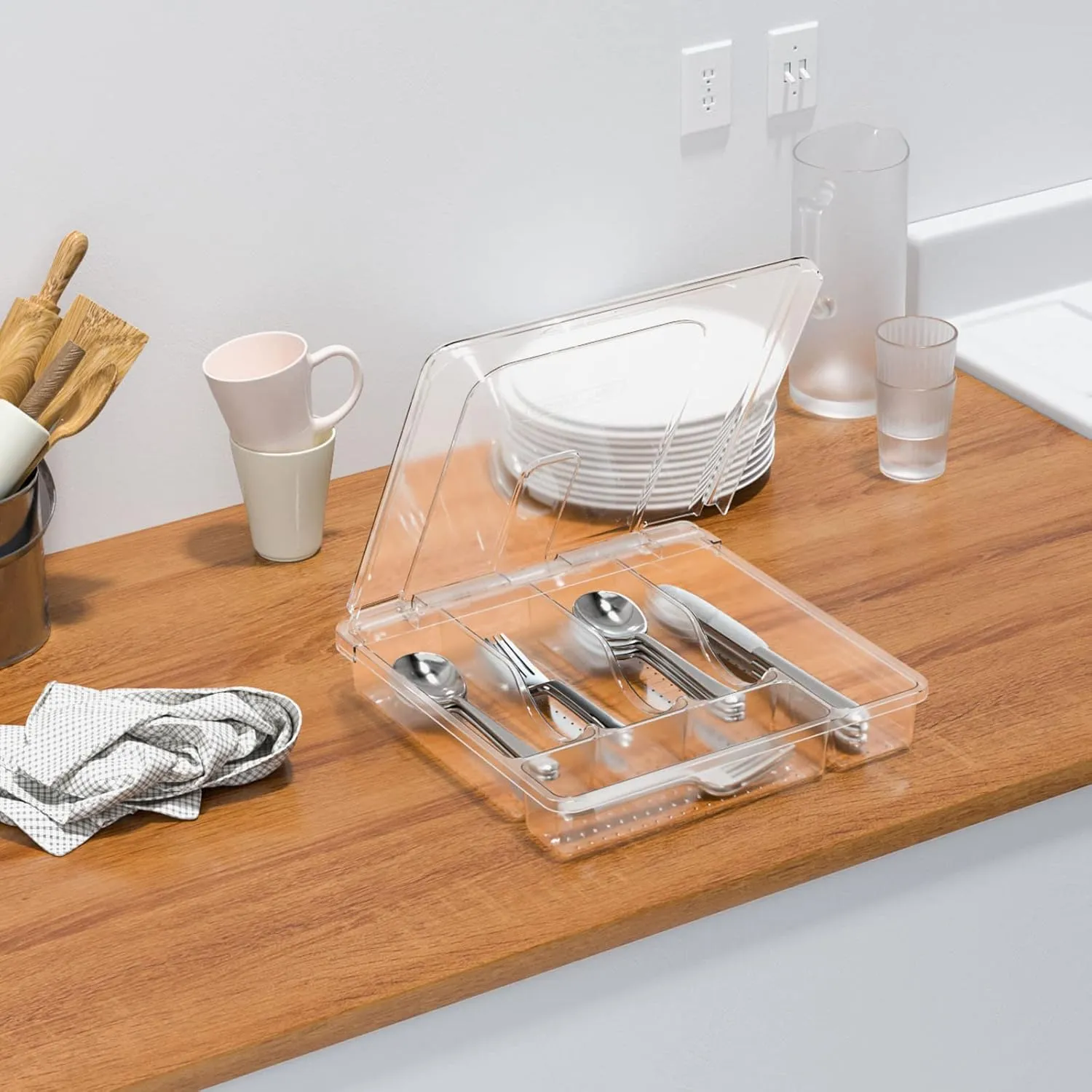 Utensil Holder for Countertop with Lid, Plastic Silverware Tray for Drawer, 5 Compartments Flatware Organizer,Transparent