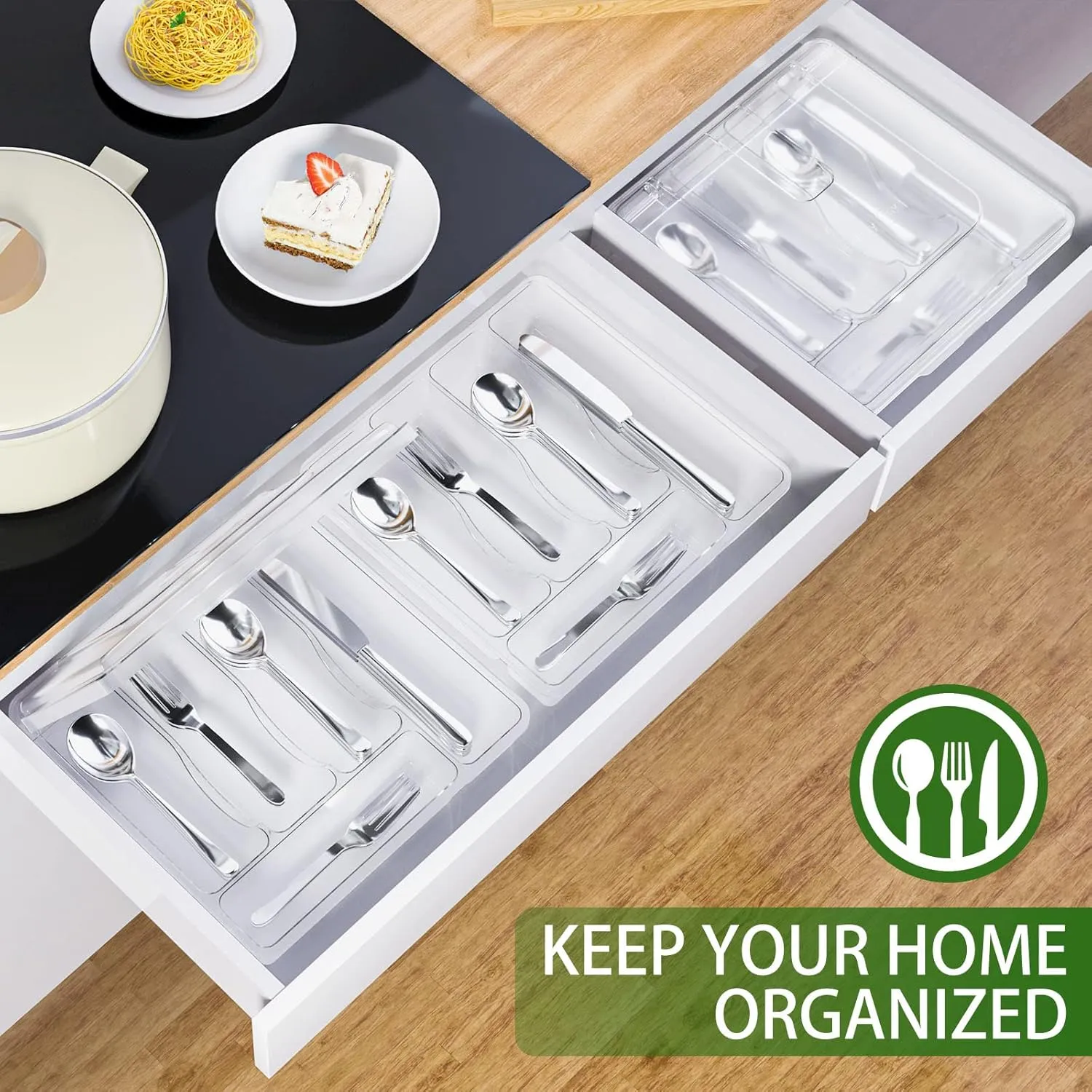 Utensil Holder for Countertop with Lid, Plastic Silverware Tray for Drawer, 5 Compartments Flatware Organizer,Transparent