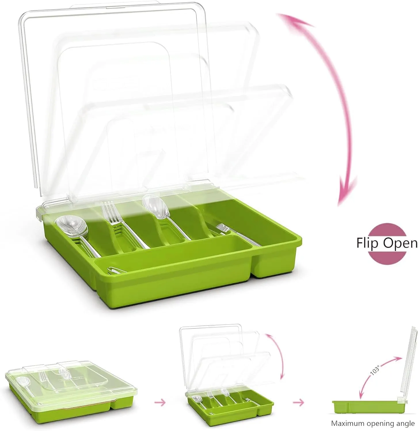 Utensil Holder for Countertop with Lid, Plastic Silverware Tray for Drawer (Green)