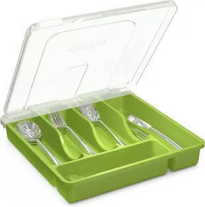 Utensil Holder for Countertop with Lid, Plastic Silverware Tray for Drawer (Green)