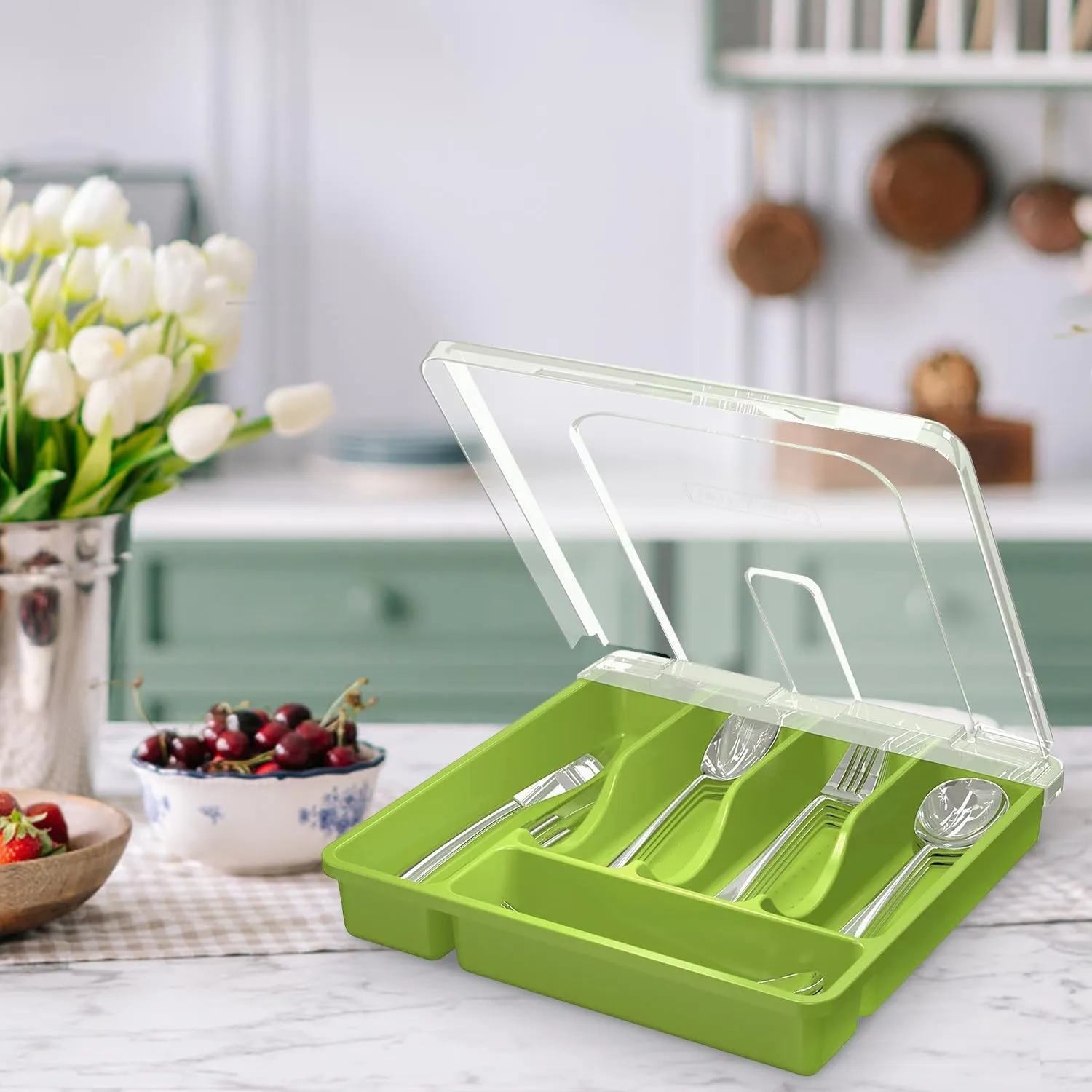 Utensil Holder for Countertop with Lid, Plastic Silverware Tray for Drawer (Green)