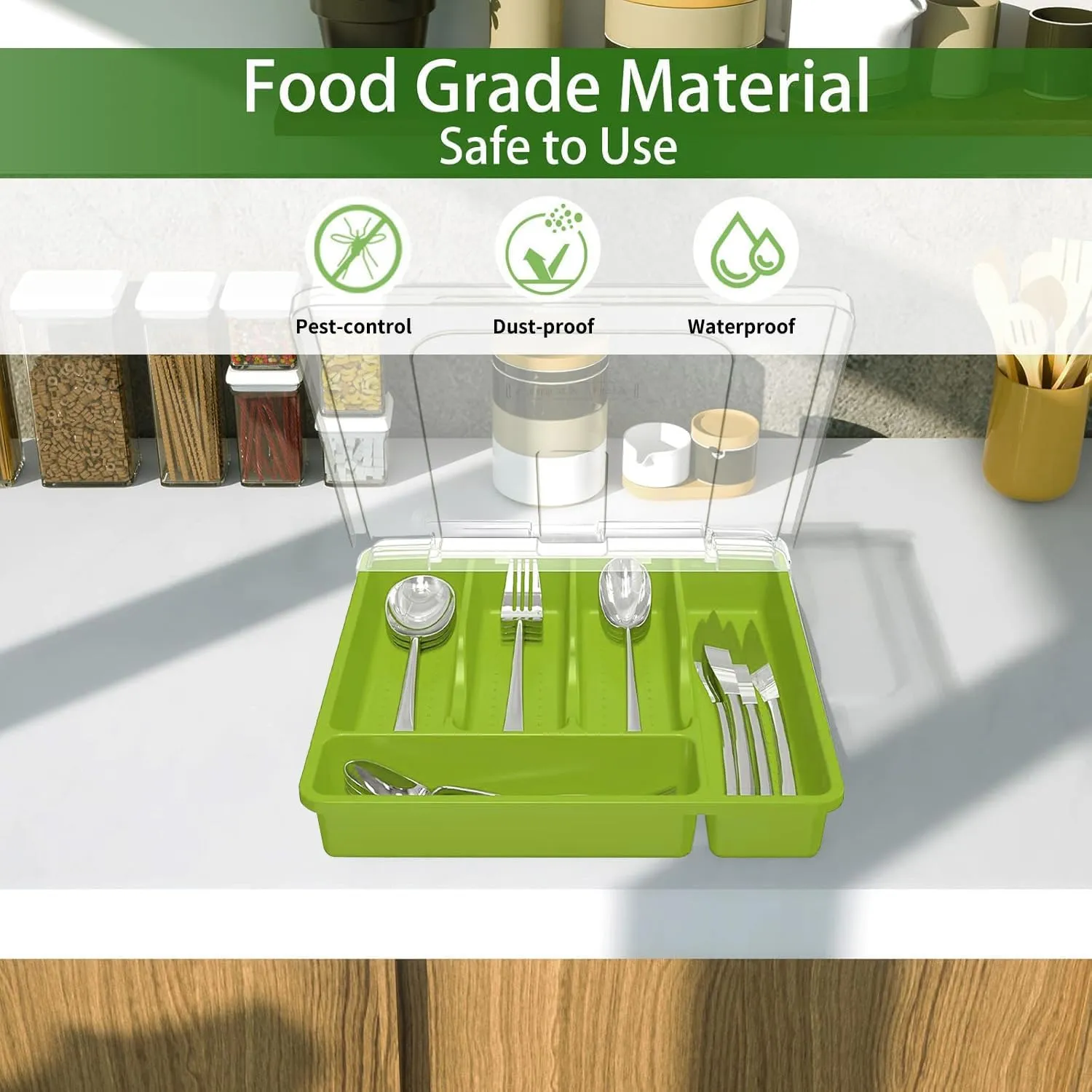Utensil Holder for Countertop with Lid, Plastic Silverware Tray for Drawer (Green)