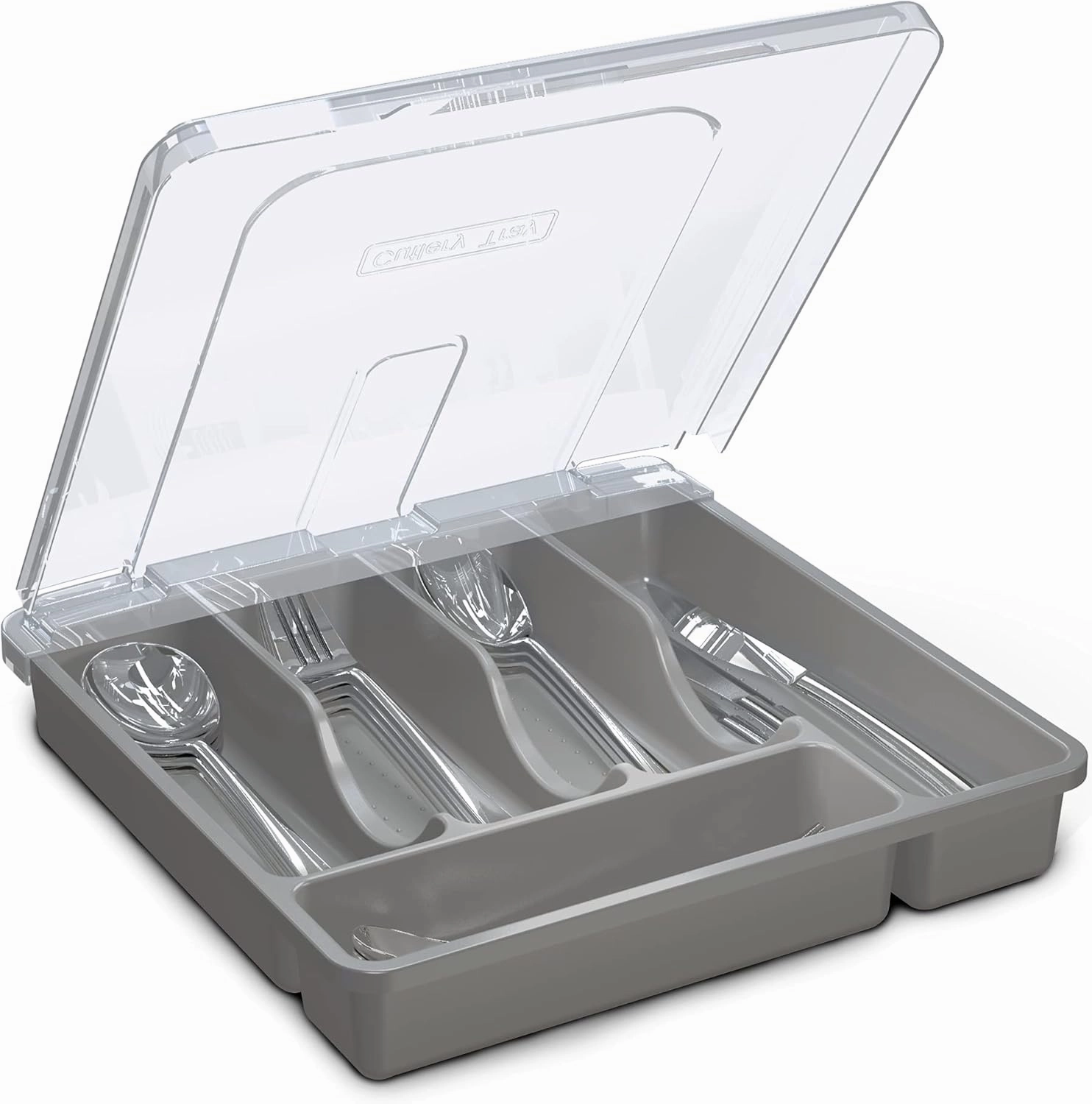 Utensil Holder for Countertop with Lid, Plastic Silverware Tray for Drawer, 5 Compartments Flatware Organizer, Gray