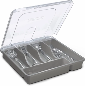 Utensil Holder for Countertop with Lid, Plastic Silverware Tray for Drawer, 5 Compartments Flatware Organizer, Gray