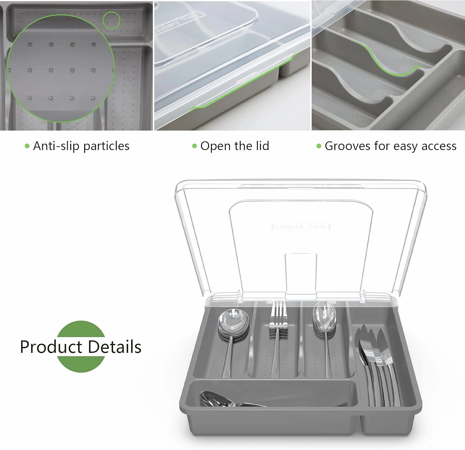 Utensil Holder for Countertop with Lid, Plastic Silverware Tray for Drawer, 5 Compartments Flatware Organizer, Gray