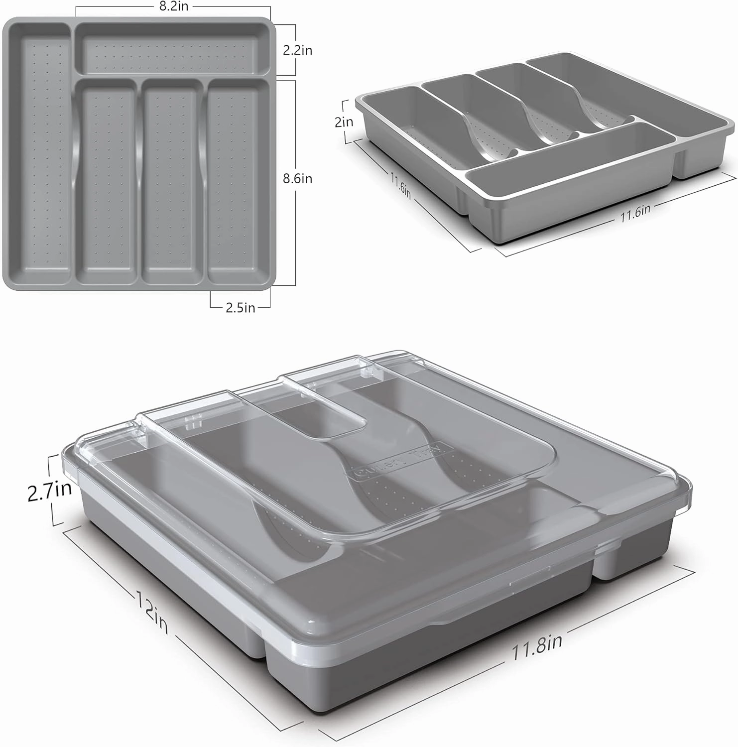 Utensil Holder for Countertop with Lid, Plastic Silverware Tray for Drawer, 5 Compartments Flatware Organizer, Gray