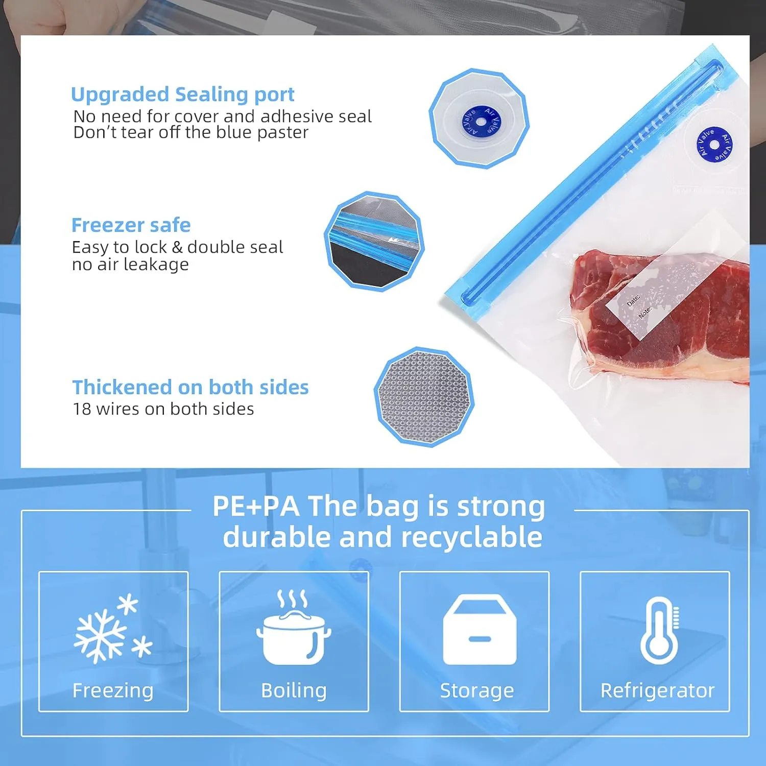 Vacuum Sealer with 20 Reusable Sous Vide Bags – Portable Vacuum Pump for Food Storage, Includes 6 Sealing Clips & 2 Bag Clips – Ideal for Sous Vide Cooking & Meal Prep