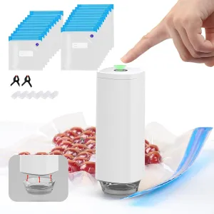 Vacuum Sealer with 20 Reusable Sous Vide Bags – Portable Vacuum Pump for Food Storage, Includes 6 Sealing Clips & 2 Bag Clips – Ideal for Sous Vide Cooking & Meal Prep