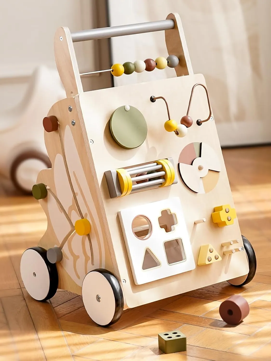 VBABY Wooden Baby Walker, Baby Push Walker for Boys and Girls, Adjustable Speed Montessori Walker Toy, Sit to Stand Walker with Baby Activity Center for 1 Year Old