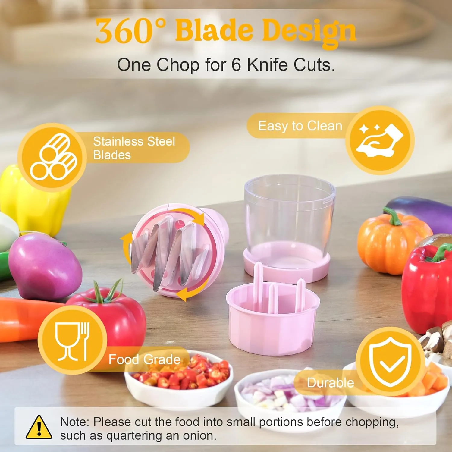 Vegetable Chopper, Food Chopper Manual Hand, Veggie Chop Garlic Onion Salad Chop with Container and Lid, Nut Chopper Vegetable Cutter for Onion, Fruit, Salad, Easy to Use, Dishwasher Safe - Pink