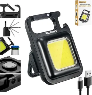 Velo-MAX Keychain LED Light 4 Hours Battery Life with Bottle Opener, Magnetic Base and Folding Bracket Mini COB 800 Lumens Rechargeable Emergency Light, Square with 4 Modes