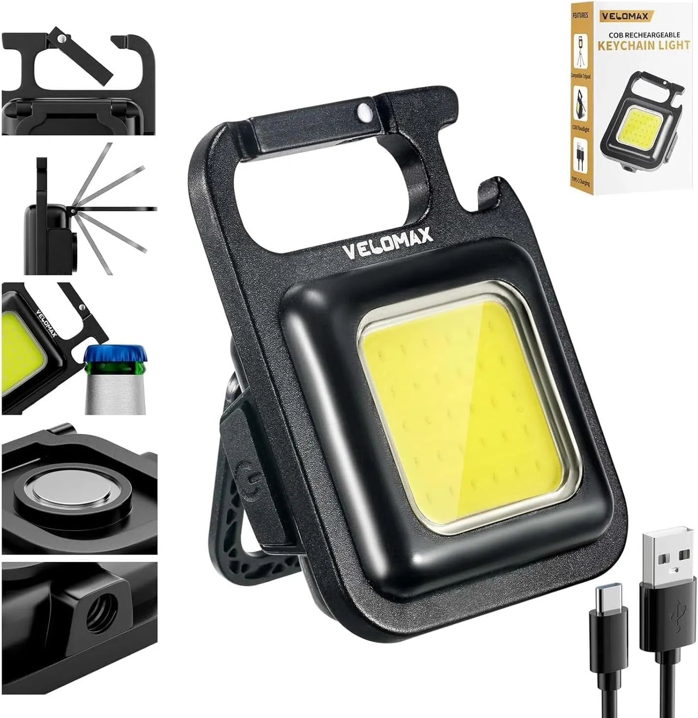 Velo-MAX Keychain LED Light 4 Hours Battery Life with Bottle Opener, Magnetic Base and Folding Bracket Mini COB 800 Lumens Rechargeable Emergency Light, Square with 4 Modes
