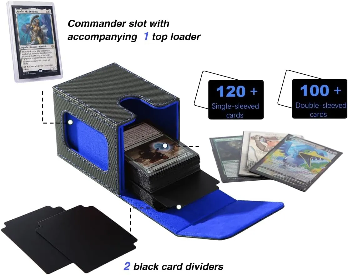Venssu MTG Deck Box for Commander Display,Card Deck Box Fits 100 Double Sleeved Cards,TCG with 2 Dividers and 1 Toploader (BLACK/BLUE)