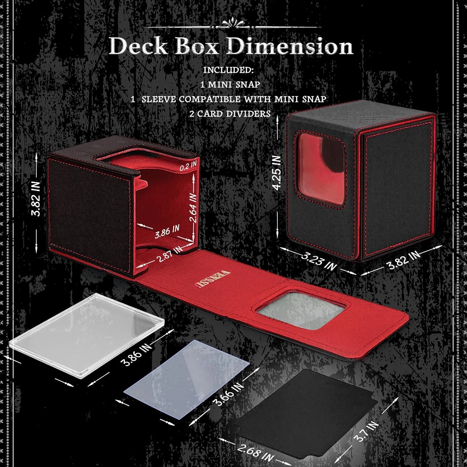Venssu MTG Deck Box with Front-Facing Commander Display, Card Deck Case Fits 100 Single Sleeved Cards, PU Leather Magnetic Tcg Storage Box with 2 Dividers and 100% UV Protect Mini Snap (Black and Red)
