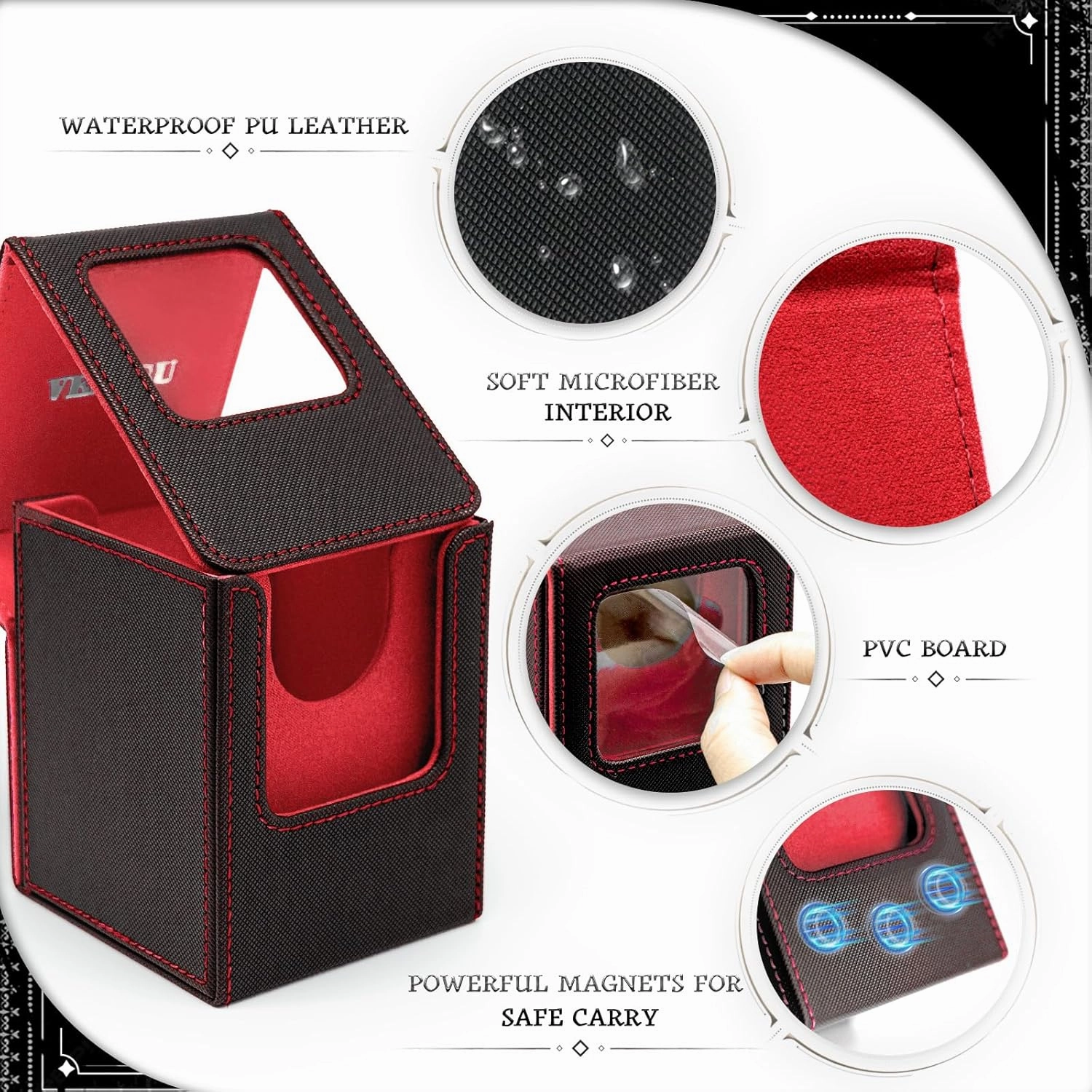 Venssu MTG Deck Box with Front-Facing Commander Display, Card Deck Case Fits 100 Single Sleeved Cards, PU Leather Magnetic Tcg Storage Box with 2 Dividers and 100% UV Protect Mini Snap (Black and Red)