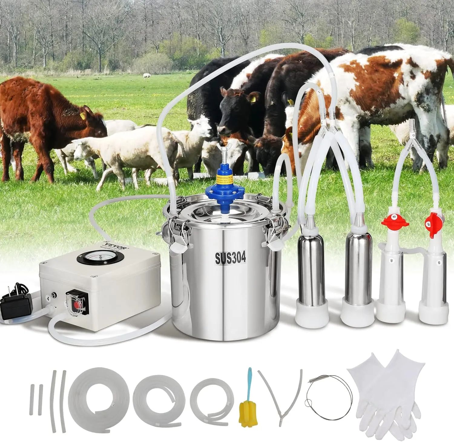 VEVOR Goat Milking Machine, 6 L 304 Stainless Steel Bucket, Electric Automatic Pulsation Vacuum Milker, Portable Milker with Food-Grade Silicone Cups and Tubes, Adjustable Suction for Cows and Sheep