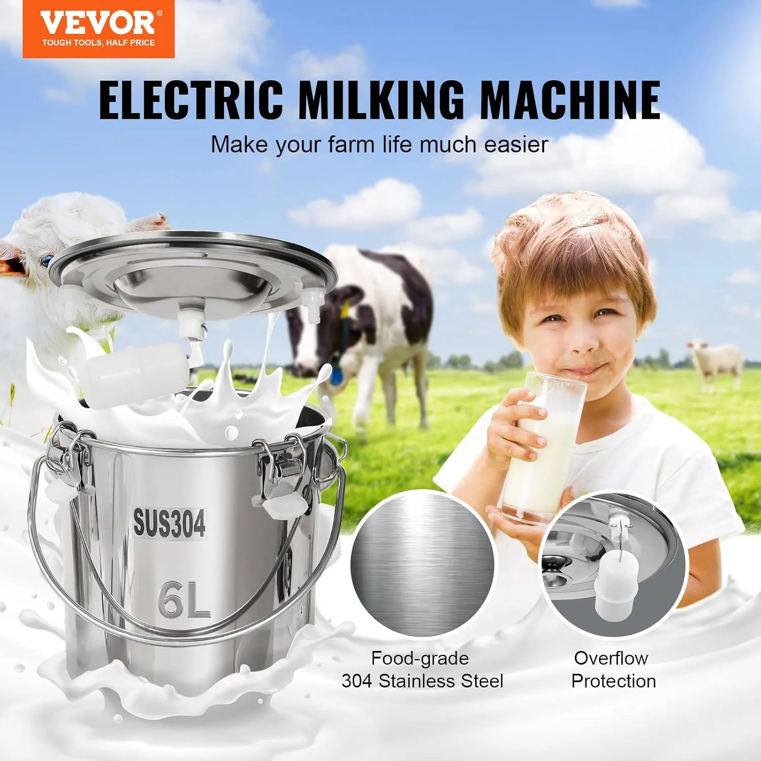VEVOR Goat Milking Machine, 6 L 304 Stainless Steel Bucket, Electric Automatic Pulsation Vacuum Milker, Portable Milker with Food-Grade Silicone Cups and Tubes, Adjustable Suction for Cows and Sheep