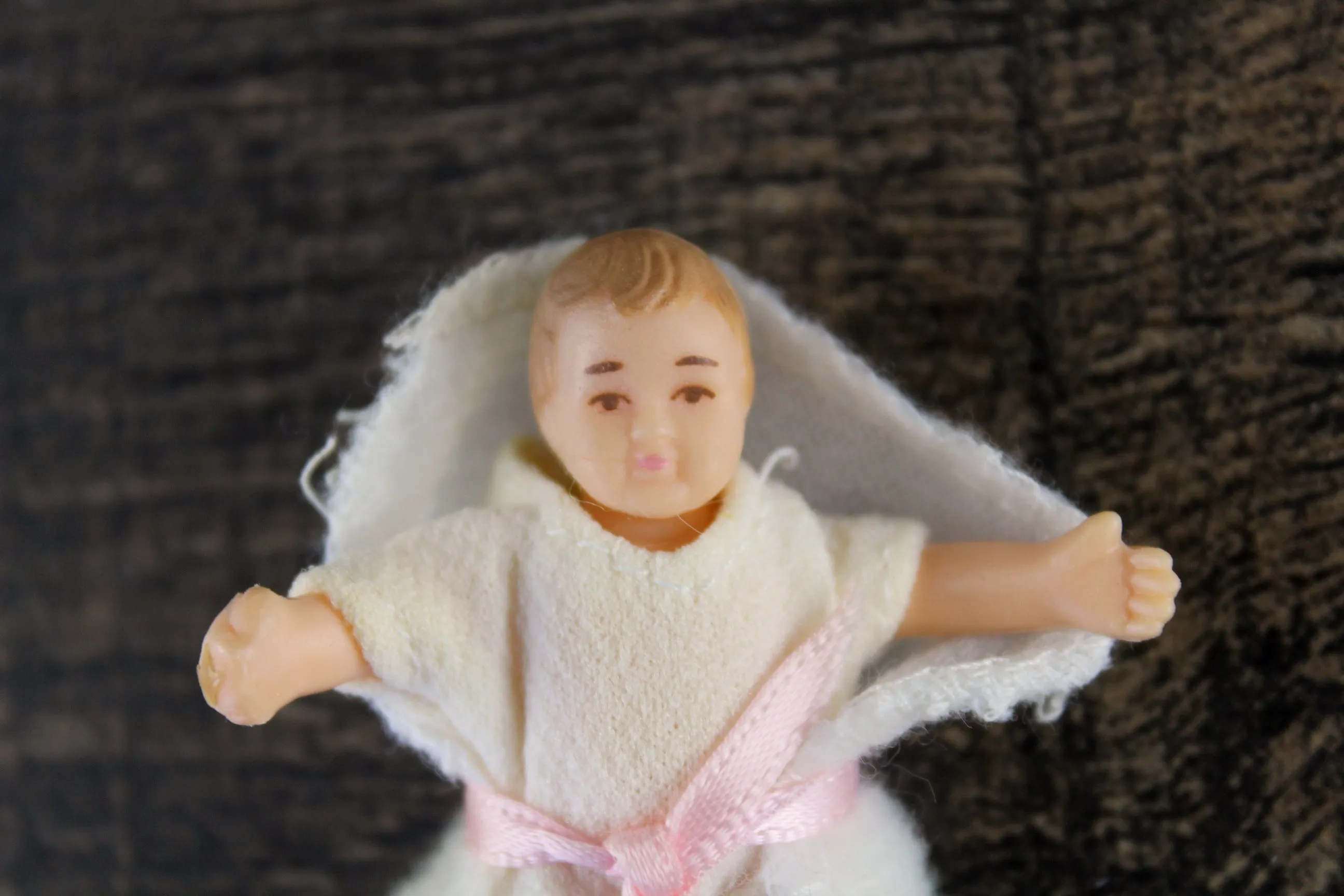 Vintage 1:12 Dollhouse Rubber Baby Figurine with White Outfit & White Swaddle Blanket