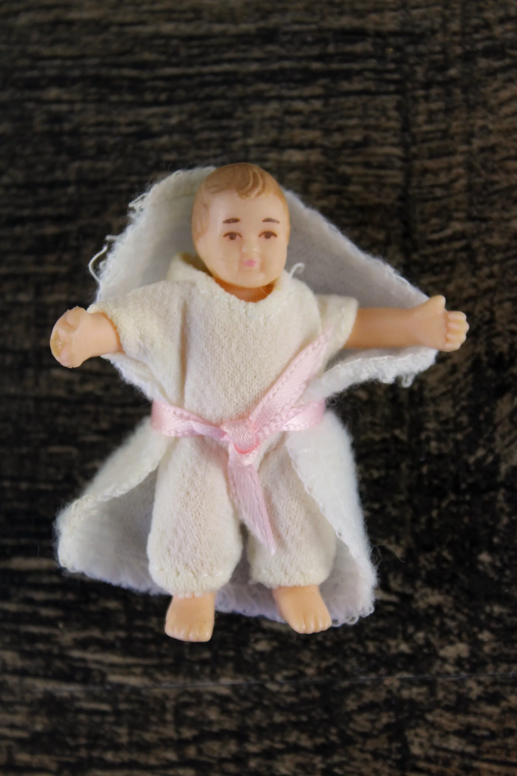 Vintage 1:12 Dollhouse Rubber Baby Figurine with White Outfit & White Swaddle Blanket
