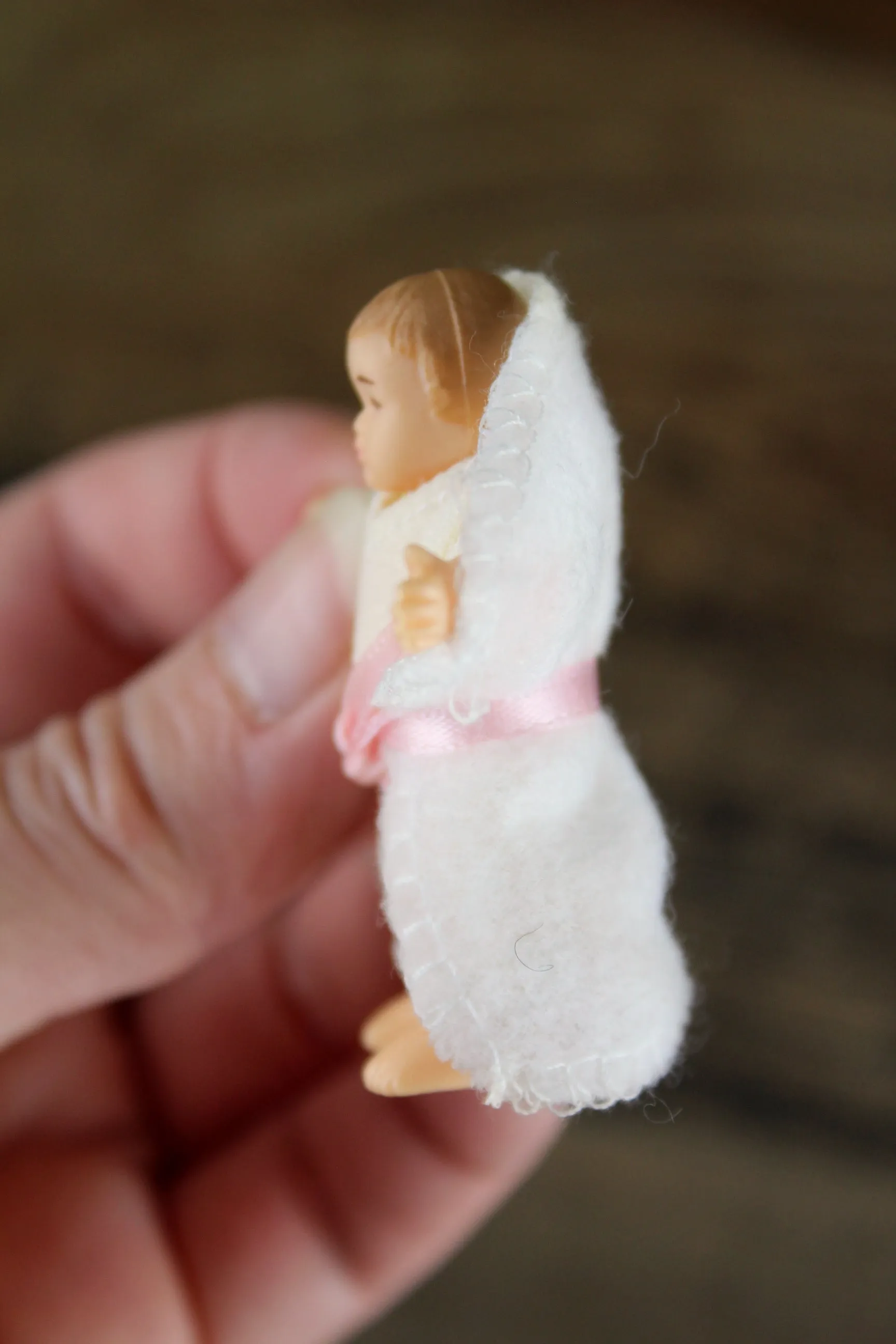 Vintage 1:12 Dollhouse Rubber Baby Figurine with White Outfit & White Swaddle Blanket