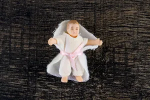 Vintage 1:12 Dollhouse Rubber Baby Figurine with White Outfit & White Swaddle Blanket