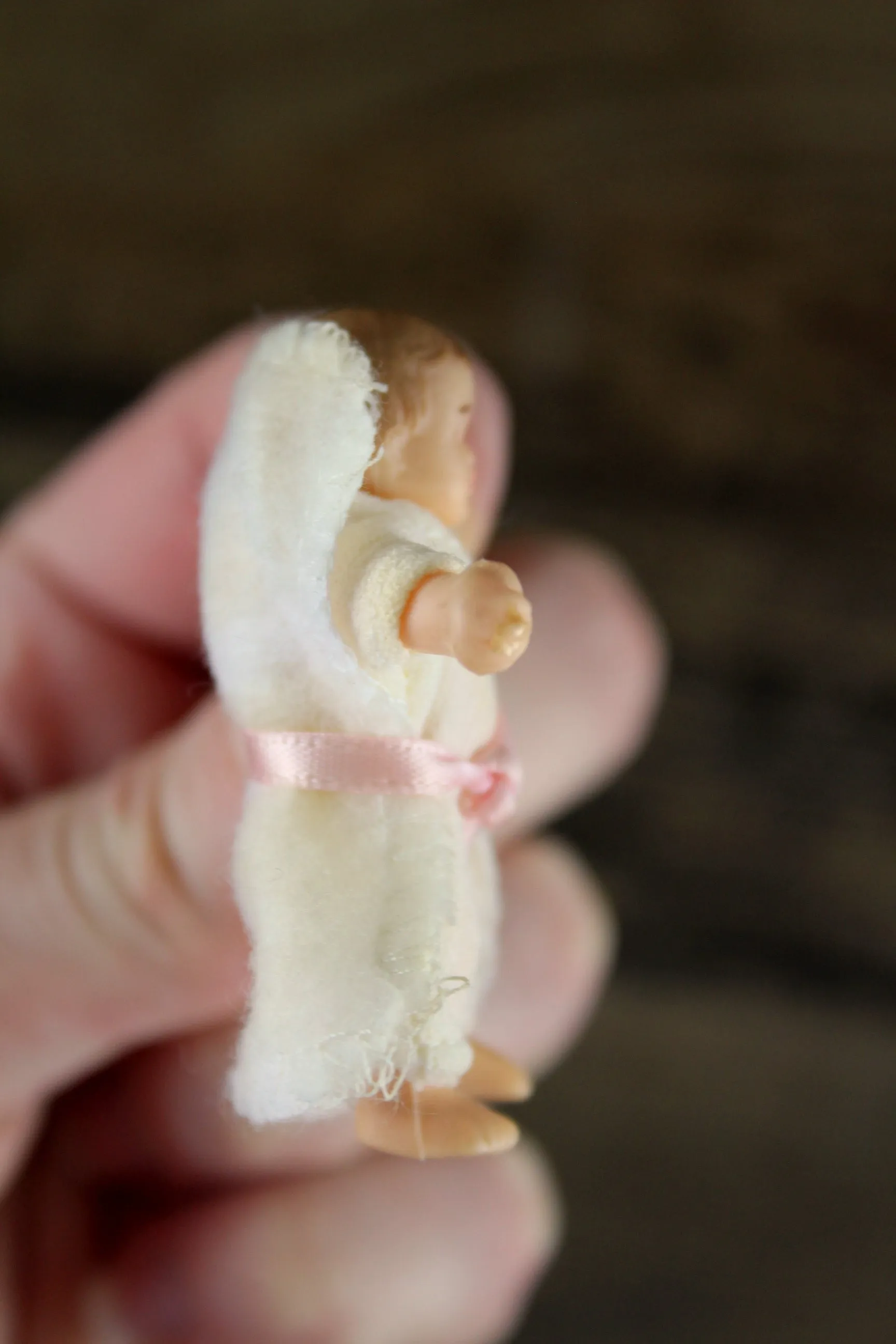 Vintage 1:12 Dollhouse Rubber Baby Figurine with White Outfit & White Swaddle Blanket