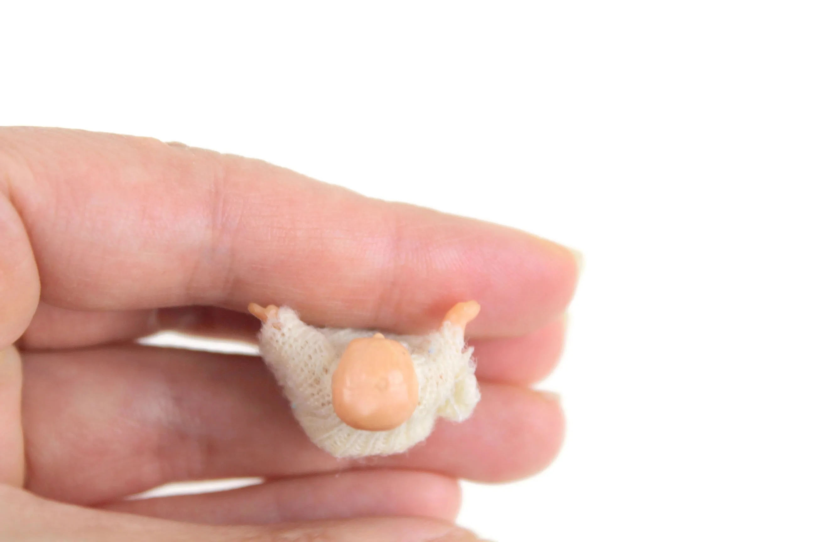 Vintage 1:12 Miniature Dollhouse Baby Doll Figurine in Handmade Crochet Sleeper Blanket