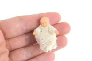Vintage 1:12 Miniature Dollhouse Baby Doll Figurine in Handmade Crochet Sleeper Blanket