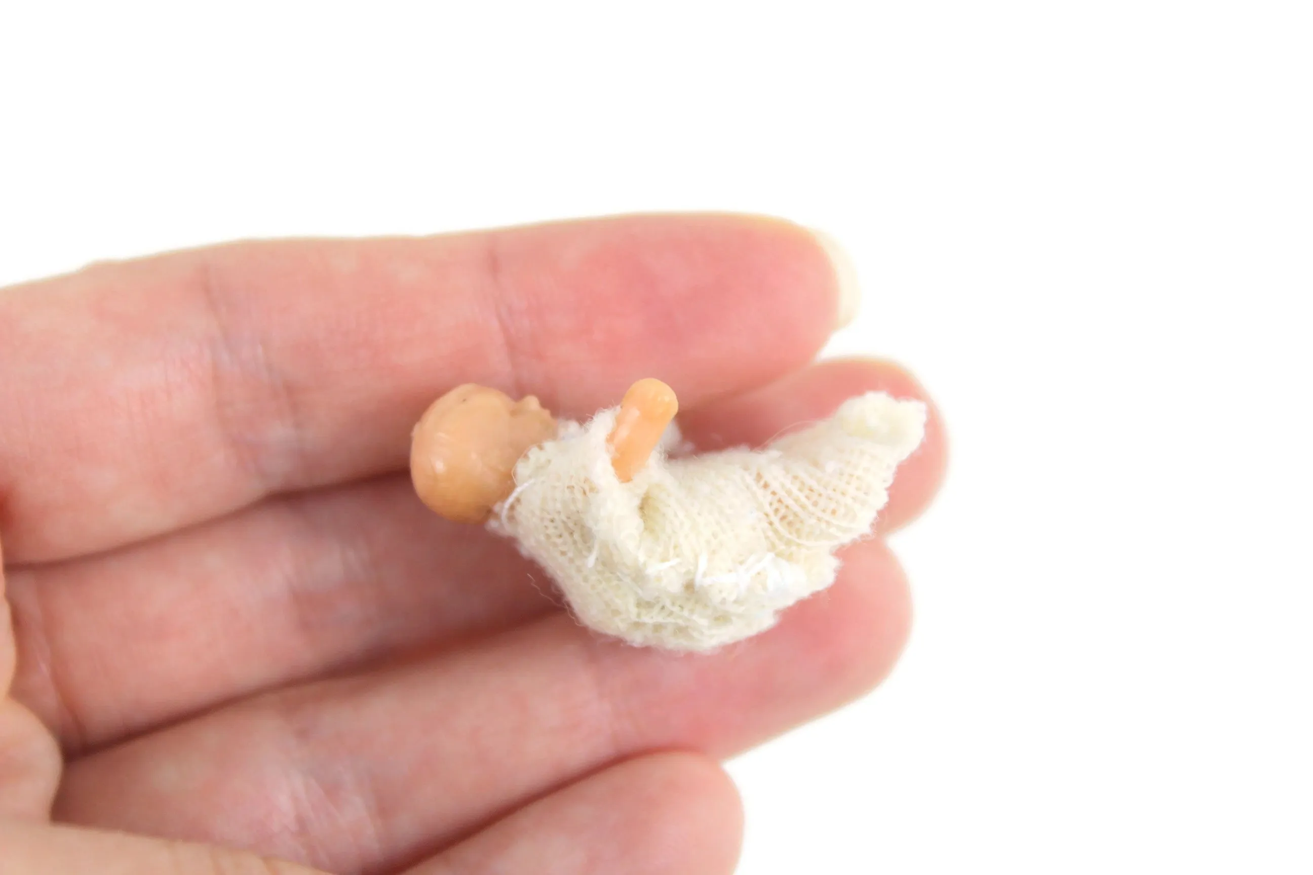 Vintage 1:12 Miniature Dollhouse Baby Doll Figurine in Handmade Crochet Sleeper Blanket