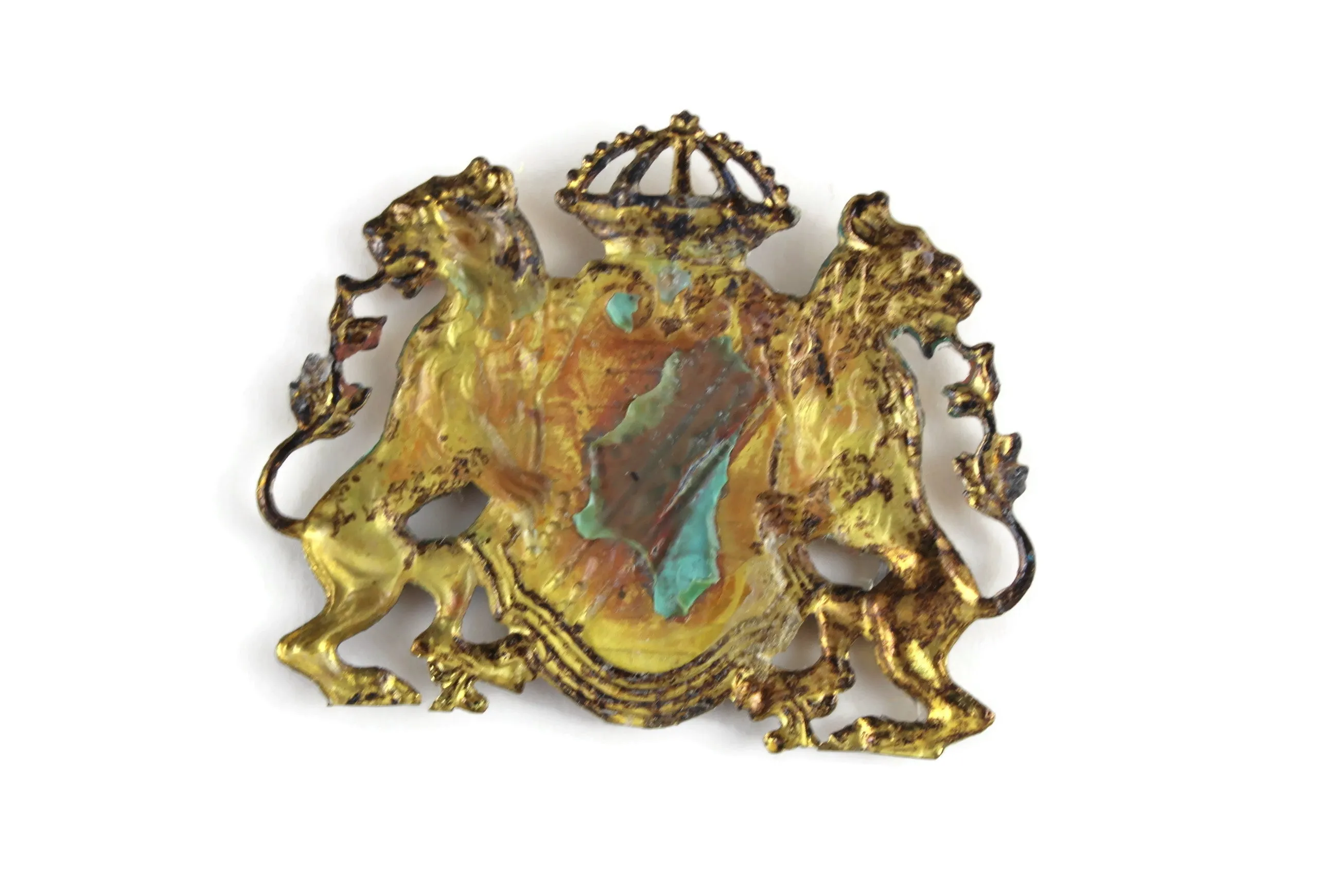 Vintage 1:12 Miniature Dollhouse Gold Metal Crest Wall Hanging with Lions