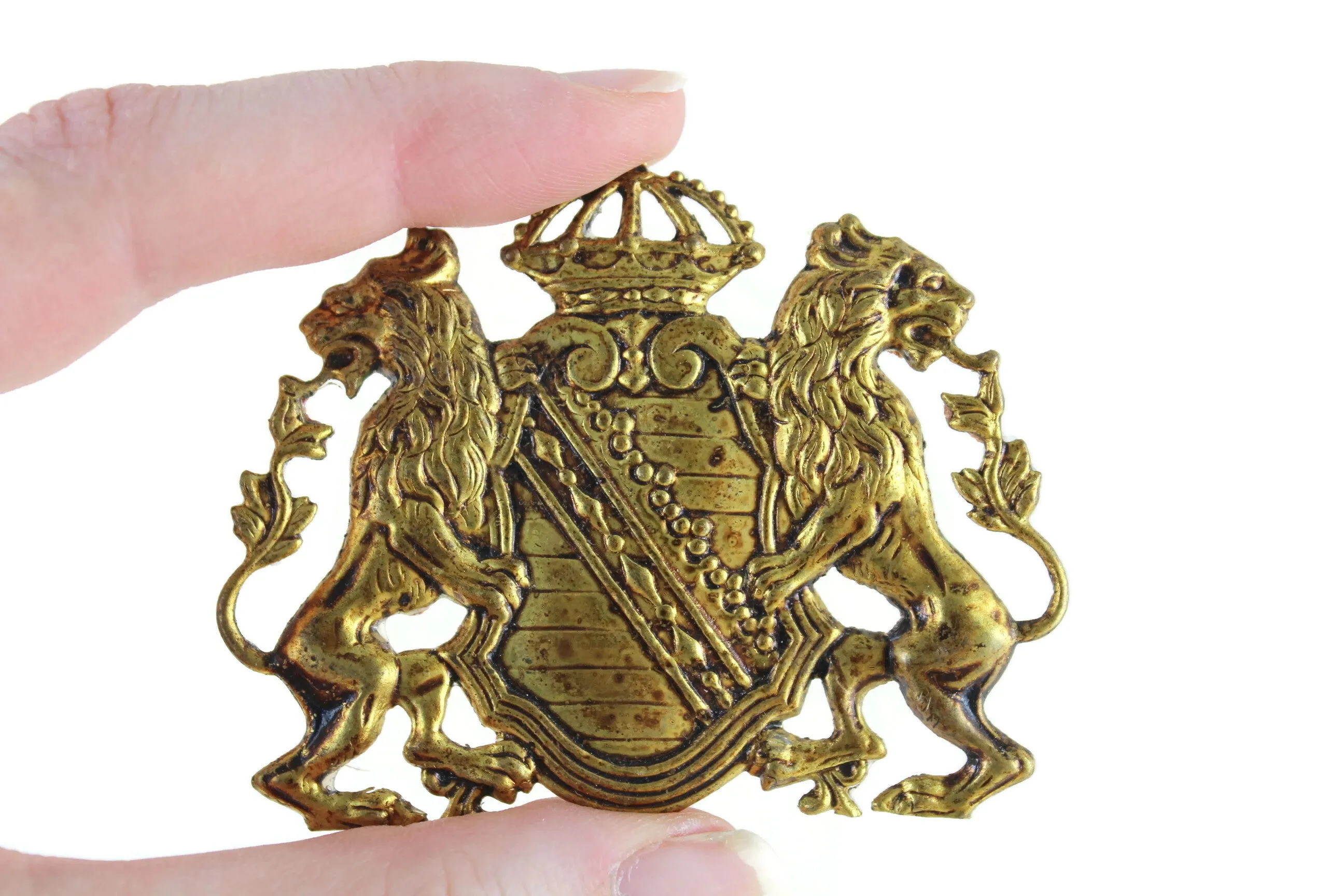 Vintage 1:12 Miniature Dollhouse Gold Metal Crest Wall Hanging with Lions