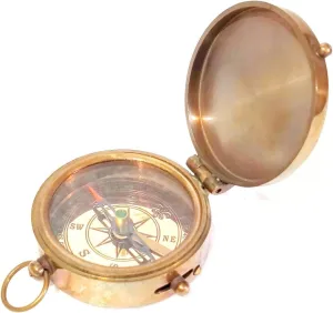 Vintage Brass Pocket Compass, 2 inch Diameter, Antique Brown Finish, Glass Cover