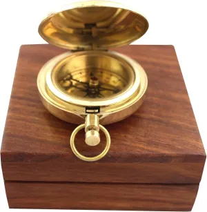 Vintage Brass Pocket Compass with Wooden Storage Box, 11mm, Maritime Navigation Tool