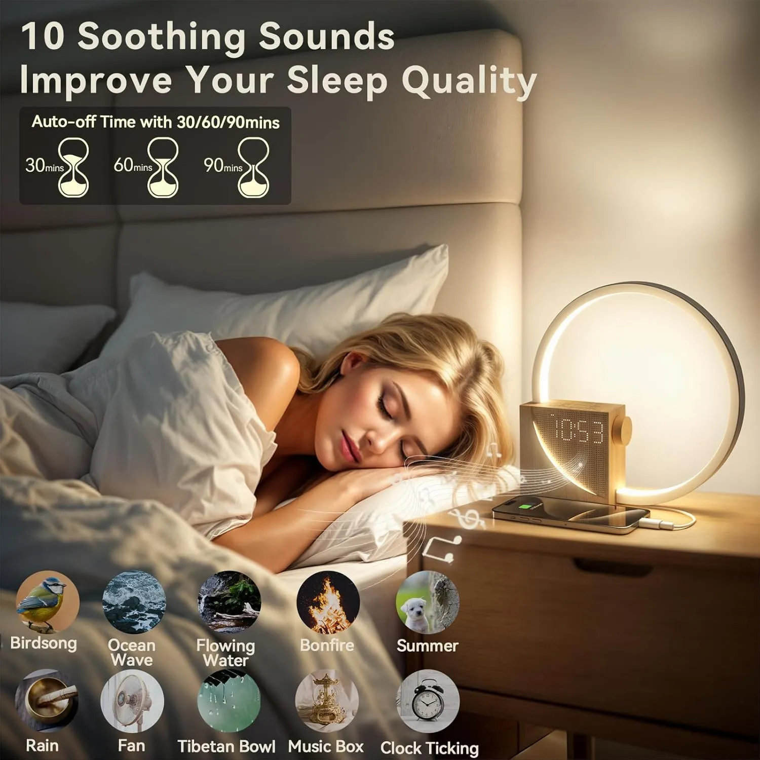 Vivilumens Sunrise Alarm Clock Sound Machine Nightlight, Gradual Wake Up Light, Digital Dimmable Clock, 10 White Noise Sleep Sounds, Snooze, Dual Clocks for Heavy Sleepers Adults, Great Gifts for Her