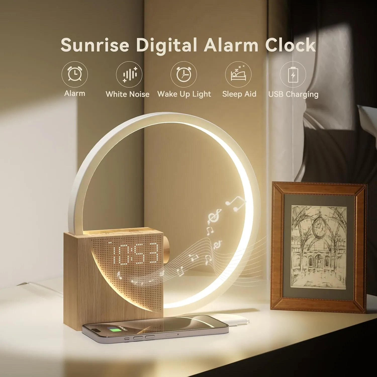 Vivilumens Sunrise Alarm Clock Sound Machine Nightlight, Gradual Wake Up Light, Digital Dimmable Clock, 10 White Noise Sleep Sounds, Snooze, Dual Clocks for Heavy Sleepers Adults, Great Gifts for Her