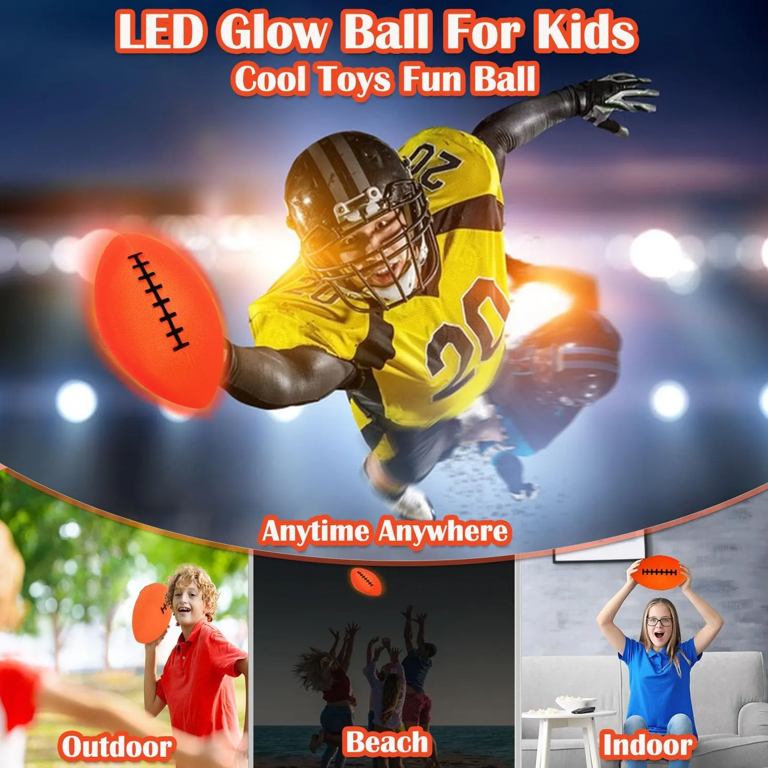 VNVDFLM Light Up Football Toys for 6-12 Years Old Boys Rechargeable LED Ball for Kids Gifts Indoor Outdoor Sport Game Boy Toys Girls Birthday Gifts Glow in The Dark Ball(Orange)