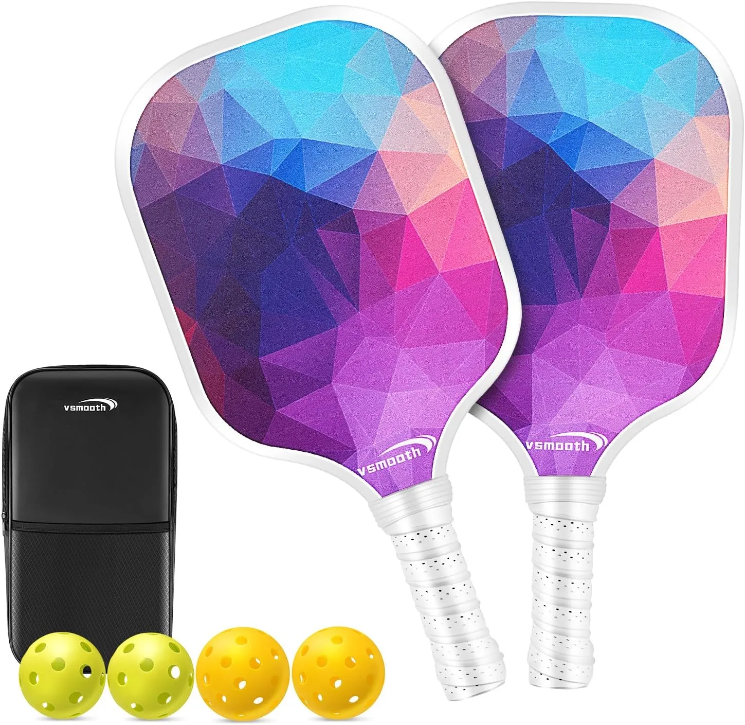 Vsmooth Pickleball Paddles Set of 2 Spin Pickleball Paddle Fiberglass Pickleball Set with 2 Indoor/ 2 Outdoor Pickleball Balls & Portable Pickleball Bag Pickleball Gifts for Beginners